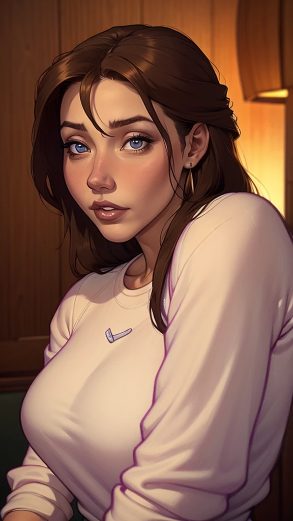 Close-up of a woman with long hair and a sweater, cabelo castanho encaracolado, linda modelo, retrato de alta qualidade, medium portrait soft light, parece a jovem liv tyler, retrato colorido, linda mulher, cabelo loiro cacheado | d & d, beautiful portrait lighting, uma linda jovem, modelo muito lindo, Retrato de 50mm, medium - long cabelo castanho encaracolado