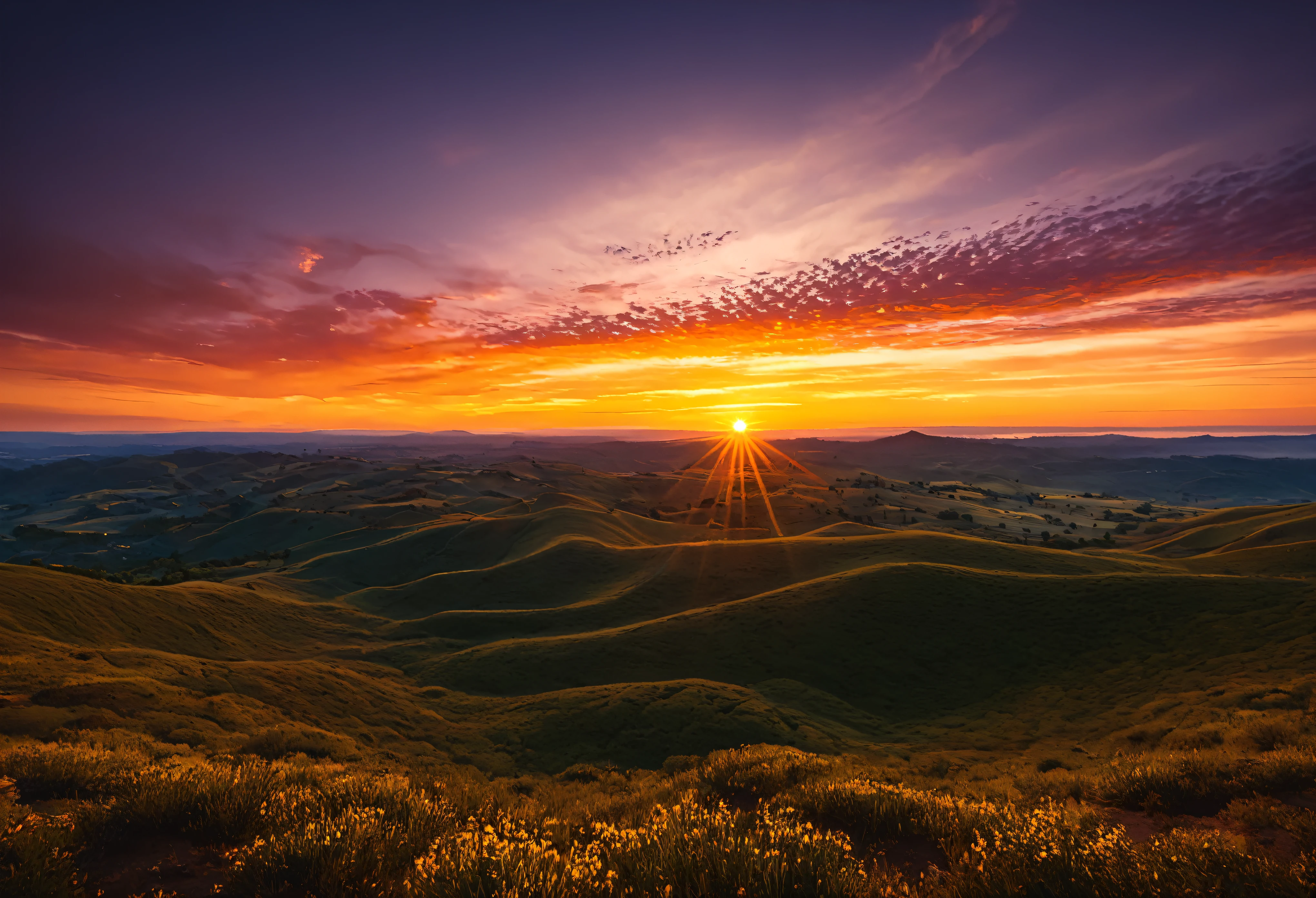 A breathtaking sunset bathes the landscape in warm, golden tones, the evening glow casting a picturesque hue over the distant vista. A realistic and vivid scene unfolds, showcasing the rich colors of the sky as the sun dips below the horizon. Captured through a wide-angle lens and shot in the evening, this stunning photograph exudes a positive film vibe with its naturalistic style. The high-definition filming captures every minute detail, immersing viewers in the beauty of the gorgeous and colorful sunset scenery.