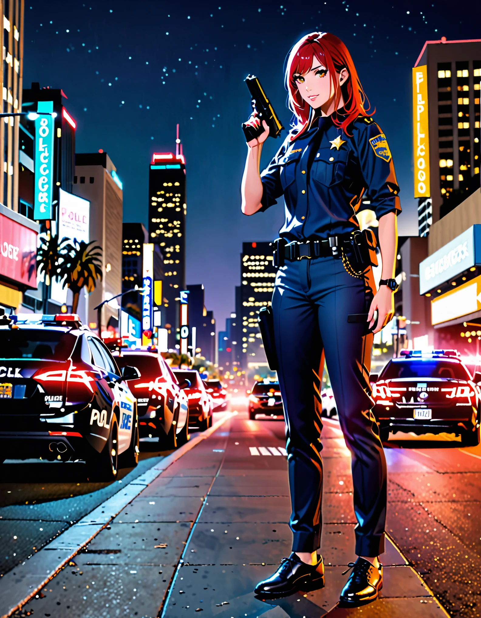 best quality, masterpiece, highres, solo, solo focus, 1lady, semi-realistic, standing straight, red hair, hazel eyes, beautiful detailed eyes, beautiful detailed face, perfect hands, sexy Los Angeles police officer, matching pants, city backdrop, neon edge lighting, highly detailed, professional, matching shoes, full body shot, holding pistol, glock17, medium hair, hair down, nighttime.
