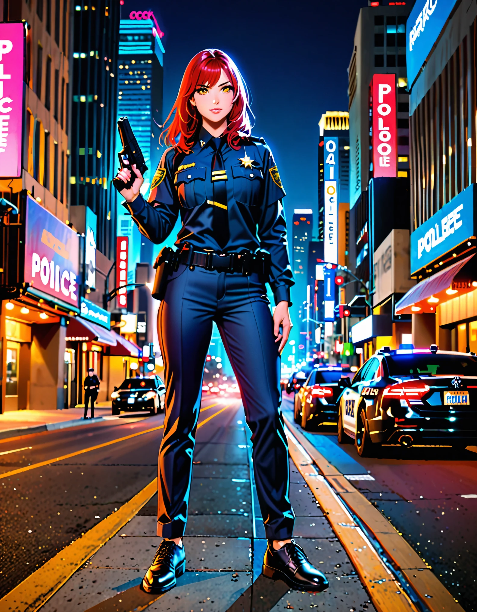 best quality, masterpiece, highres, solo, solo focus, 1lady, semi-realistic, standing straight, red hair, hazel eyes, beautiful detailed eyes, beautiful detailed face, perfect hands, sexy Los Angeles police officer, matching pants, city backdrop, neon edge lighting, highly detailed, professional, matching shoes, full body shot, holding pistol, glock17, medium hair, hair down, nighttime.