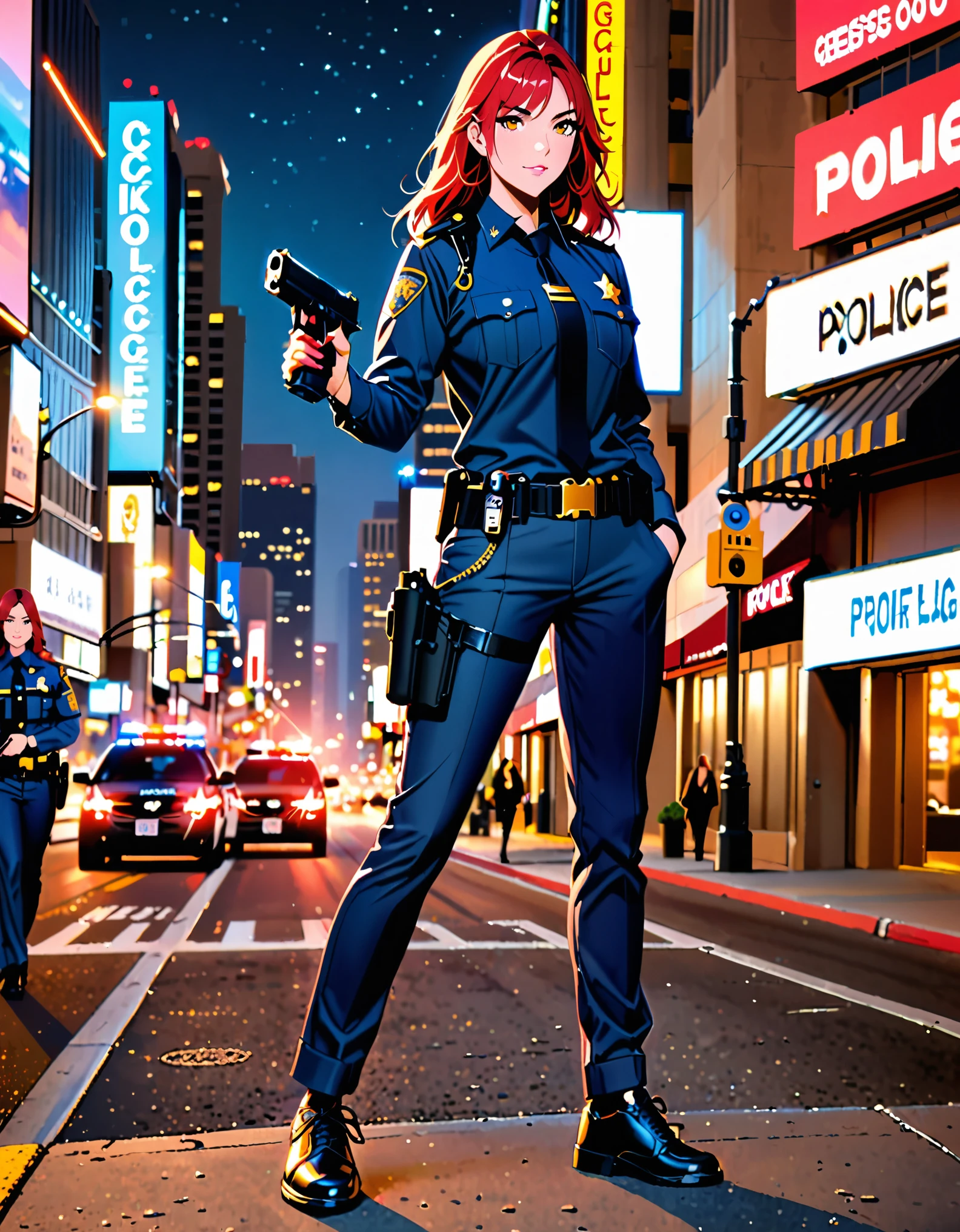 best quality, masterpiece, highres, solo, solo focus, 1lady, semi-realistic, standing straight, red hair, hazel eyes, beautiful detailed eyes, beautiful detailed face, perfect hands, sexy Los Angeles police officer, matching pants, city backdrop, neon edge lighting, highly detailed, professional, matching shoes, full body shot, holding pistol, glock17, medium hair, hair down, nighttime.