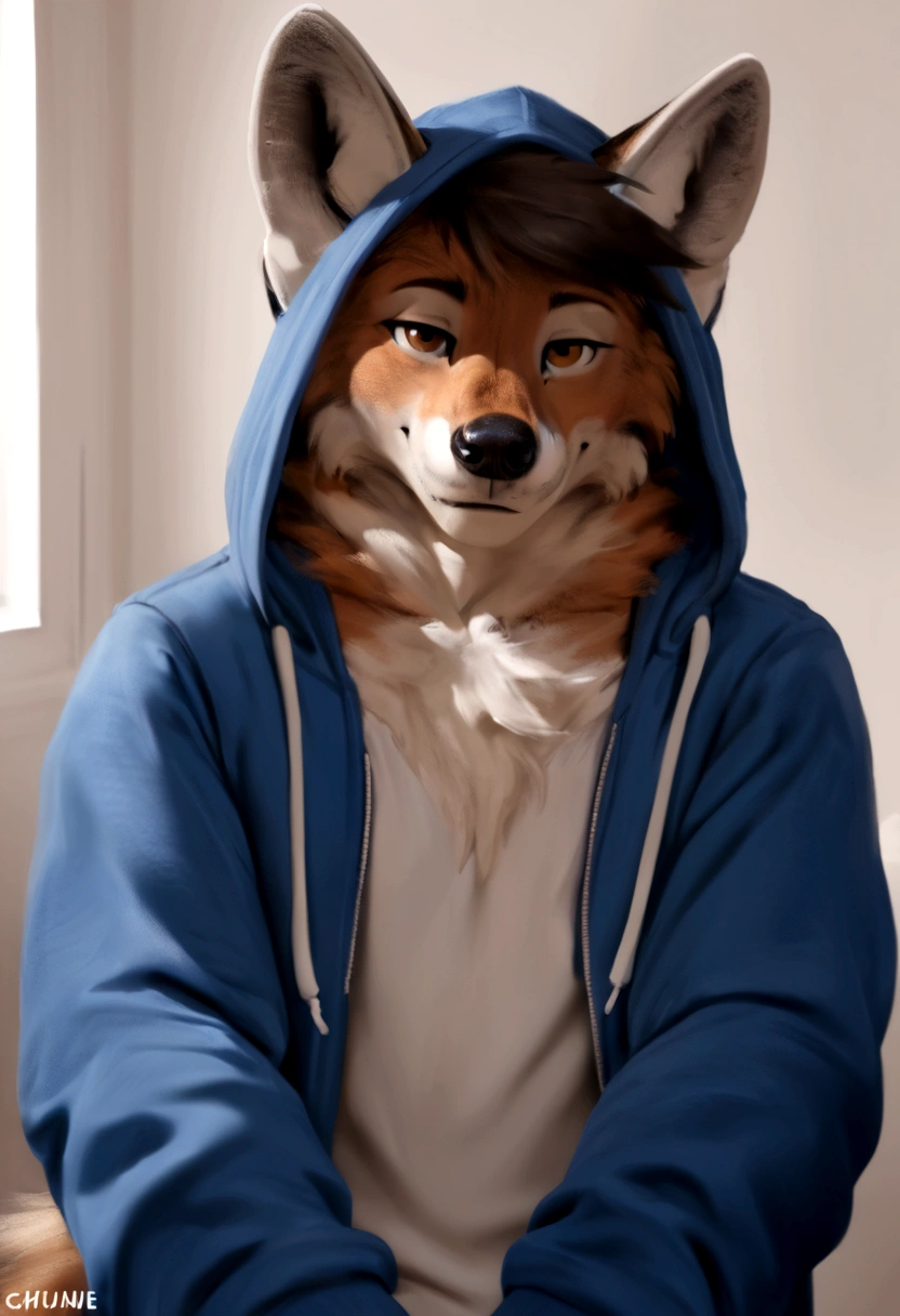 arafed wolf wearing a blue hoodie and a black hat, in a hoodie, thick furry neck and chest fluff, commission for high res, wearing a hoody, wearing a hoodie, wearing a blue hoodie, furry wolf, furry chest, casually dressed, furry fursona, an anthro wolf, pov furry art, fursona furry art commission, dressed casually