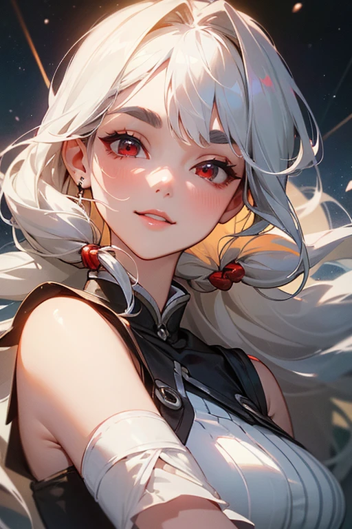 (highest quality, masterpiece:1.2), High resolution, 最高masterpiece、Very detailed, Realistic:1.37, Fantasy, An illustration,Gray Hair、 Red eyes、Queen, White Dress、beautifully、Eyeshadow Red、Thick eyebrows、Long eyelashes、pupils are black、shiny on the lips、Top Sites、Queen、Princess、A kind smile、Show your teeth a little and smile、Soft impression、people々々々々々々々Loved by、Slimming the face、Shoulder Bare、Sexy braids、Kissing Face、Long white hair、Shaggy Bangs、Save face image、The background is space、ponytail、