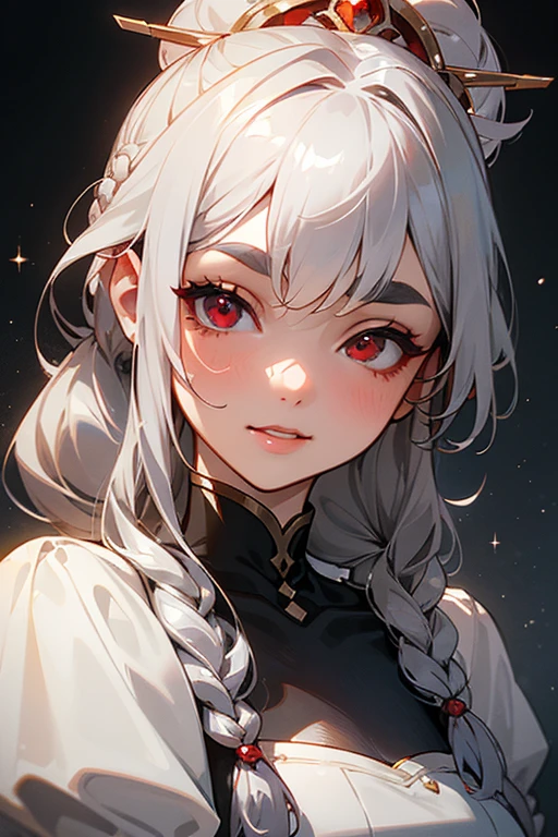 (highest quality, masterpiece:1.2), High resolution, 最高masterpiece、Very detailed, Realistic:1.37, Fantasy, An illustration,Gray Hair、 Red eyes、Queen, White Dress、beautifully、Eyeshadow Red、Thick eyebrows、Long eyelashes、pupils are black、shiny on the lips、Top Sites、Queen、Princess、A kind smile、Show your teeth a little and smile、Soft impression、people々々々々々々々Loved by、Slimming the face、Shoulder Bare、Sexy braids、Kissing Face、Long white hair、Shaggy Bangs、Save face image、The background is space、ponytail、