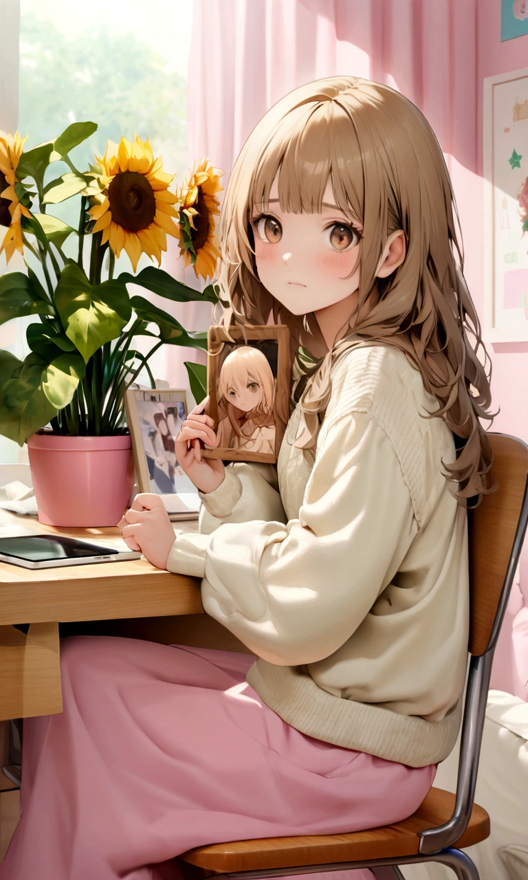 「Please draw a high school student&#39;s field sunflowers.。16-year-old girl, Orange-brown hair, Natural curls down to the shoulders, With bangs, She has brown eyes, Simple casual clothes, Light-colored sweaters and skirts, Girly room, Sitting, Pastel color wallpaper, Cute poster, Light-colored curtains, Small houseplants, Sitting in a chair and facing a desk, holding a photo frame in hand, Looking straight at me, A face that shows sadness, Ultra HD, Ultra-realistic CG」
