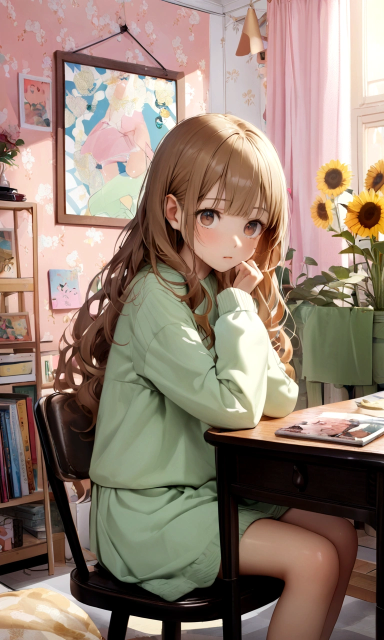 「Please draw a high school student's field sunflowers.。16-year-old girl, Orange-brown hair, Natural curls down to the shoulders, With bangs, She has brown eyes, Simple casual clothes, Light-colored sweaters and skirts, Girly room, Sitting, Pastel color wallpaper, Cute poster, Light-colored curtains, Small houseplants, Sitting in a chair and facing a desk, holding a photo frame in hand, Looking straight at me, A face that shows sadness, Ultra HD, Ultra-realistic CG」