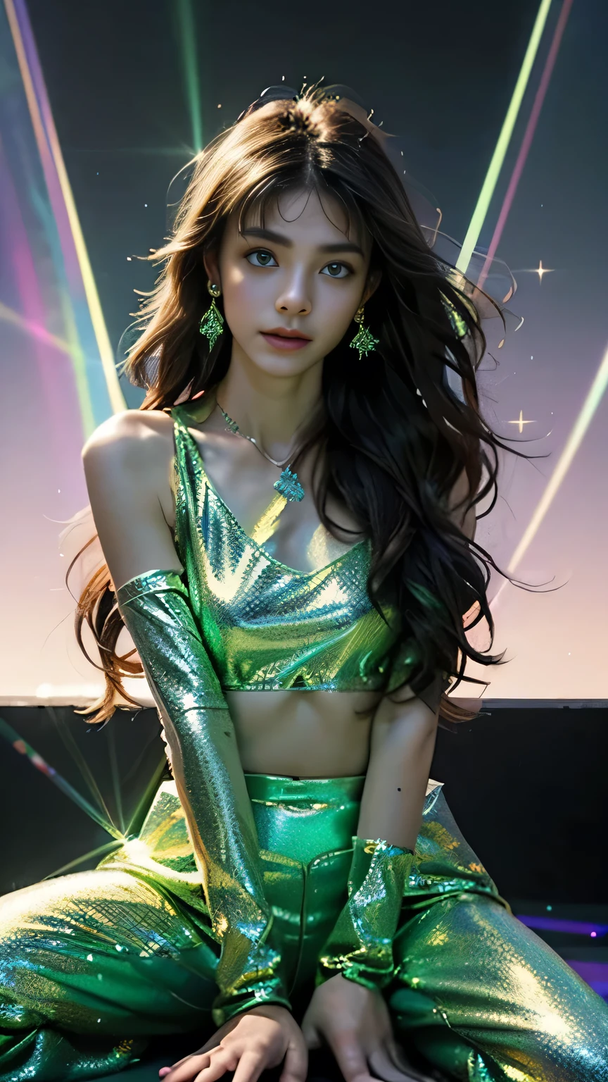 8K, ultra hd, masterpiece, 1 girl, (good face:1.4), detailed eyes, very long hair, impressive hairstyle, earings, necklace, small breasts, (glowing outfit:1.5), see-through, (green laser outfit:1.5), Light-colored foundation brings out the skin, (in the dark:1.5), mystery, (laser lights:1.5), glowing lights, very decoration, The moonlight falls like water, perfect front body, sitting,