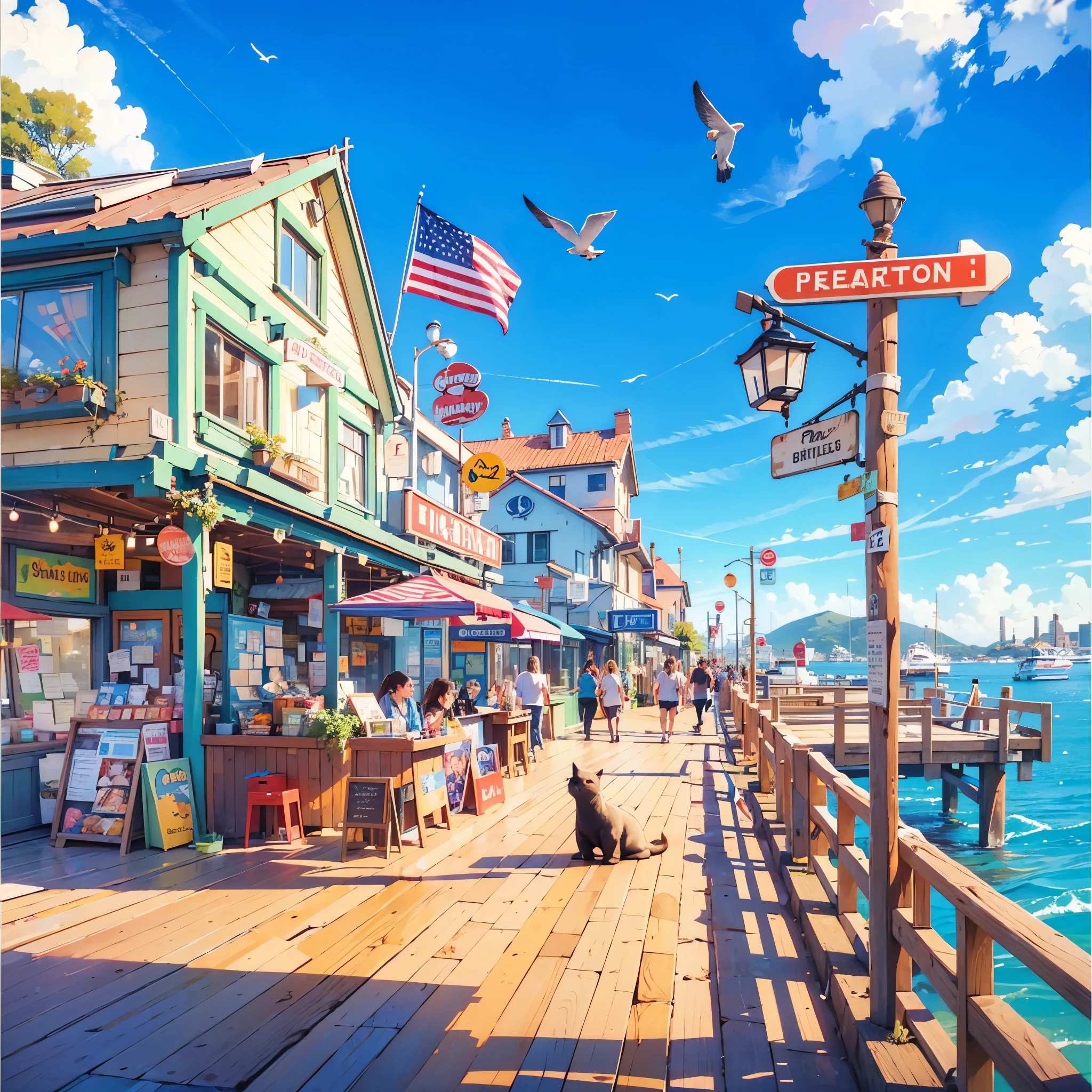 Fisherman's Wharf, Sunny day, bright colors, noon, Against this background, you need to depict both the walking area and the view of the pier. Objects to be added: restaurants, shops, an ice cream stand, a photo booth, a pier with seals, a large number of martins