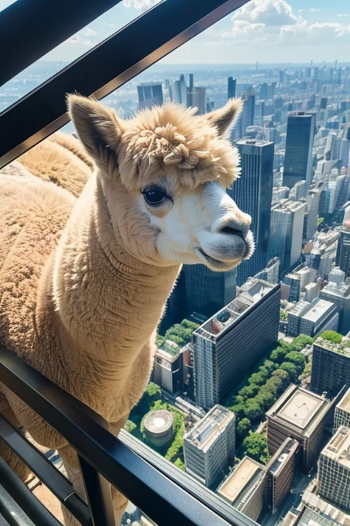 Alpaca looking down on Tokyo from the Tokyo Tower observation deck。Enjoying my first trip to Tokyo。