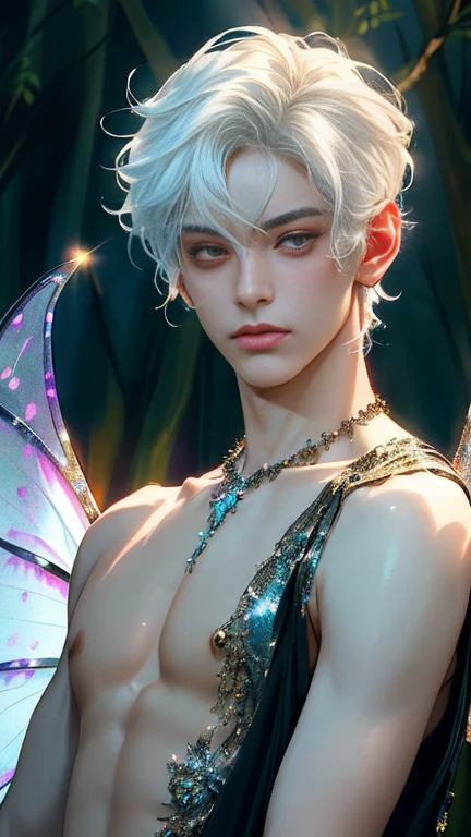 (full body shot), 1boy, dark fantasy, (fairy guy:1.4) covered in shiny pearlescent pollen, glitter shimmers on the skin of the shoulders , (human ears), glitter on collarbones, (long intense white hair flowing:1.2), dark haze, dim twilight light, dream-like, bohemian, mysterious, asthetic, work of art, (full body shot) ,  (natural pose:1.2) , (detailed beautiful skin:1.2) , (beautiful detailed face:1.2) , textured skin, ((best quality)), ((masterpiece)), (detailed),