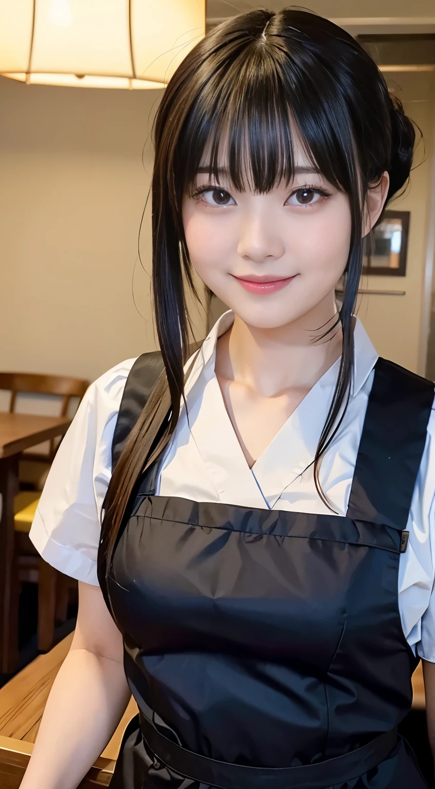 (highest quality,masterpiece:1.3,Ultra-high resolution,),(Very detailed,Caustics),(Realistic:1.4,RAW shooting,)Ultra-Realistic Capture,Very detailed,High resolution 16K human skin closeup。 Natural skin texture、,pores、、、、It must be detailed enough to be easily identifiable。 Skin tone is even and healthy looking。 Use natural light and color,restaurant,Waitress Uniform,1 girl,Japanese,18-year-old,cute,Black-haired,ponytail,Big Breasts,smile,Turn your body forward,(Front view:1.1),Looking into the camera,Cowboy Shot,