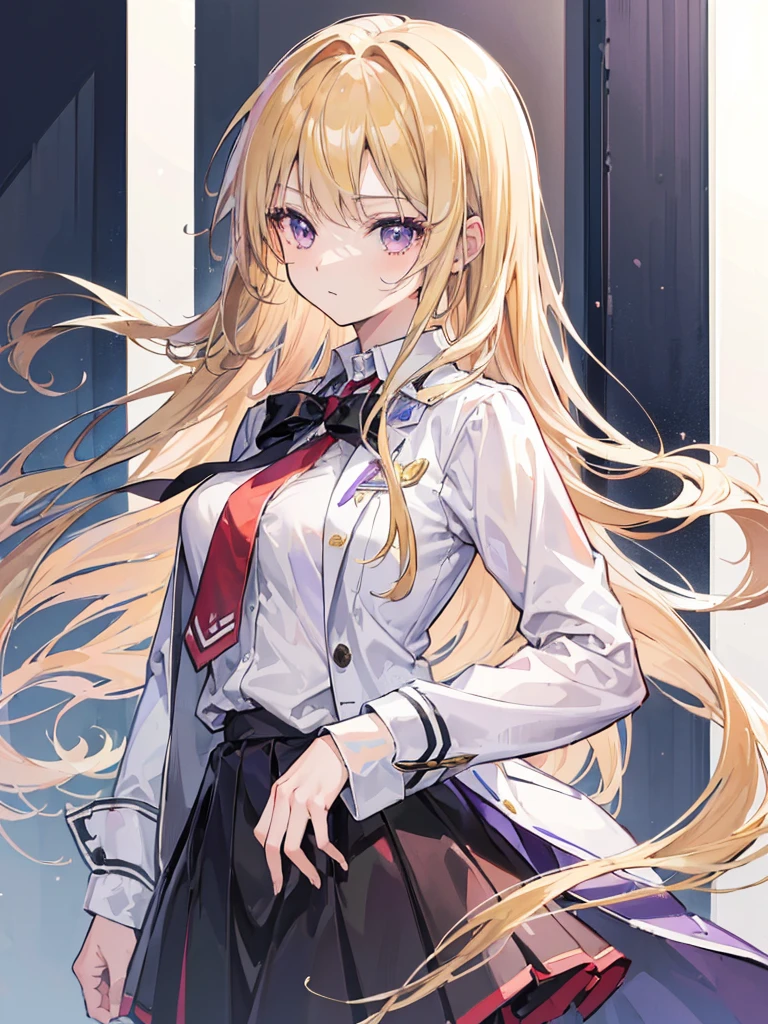 (masterpiece, top quality, best quality,official art, beautiful and aesthetic:1.2),(1girl:1.3), Very long hair, light golden hair color, purple eyes, high school student, , Gray jacket, white shirt, red tie, green skirt