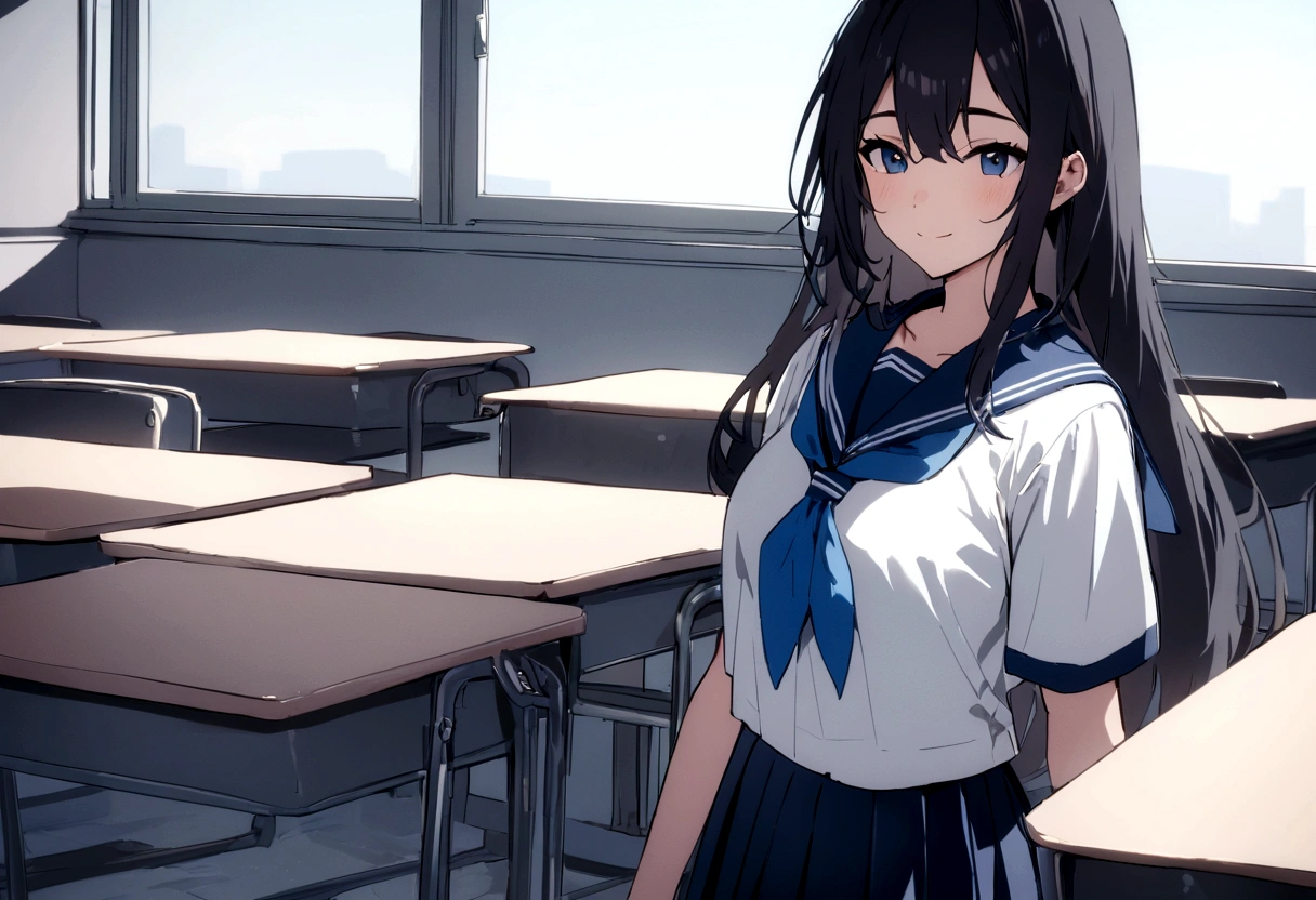 masterpiece, highest quality, High resolution,, One girl, alone, blackい目, long hair, neckerchief, Pleated skirt, black hair, Blue Skirt, blue neckerchief, black_hair, Short sleeve, White shirt, Blue sailor collar, 前hair, Eyebrow, Cowboy Shot, classroom, smile,