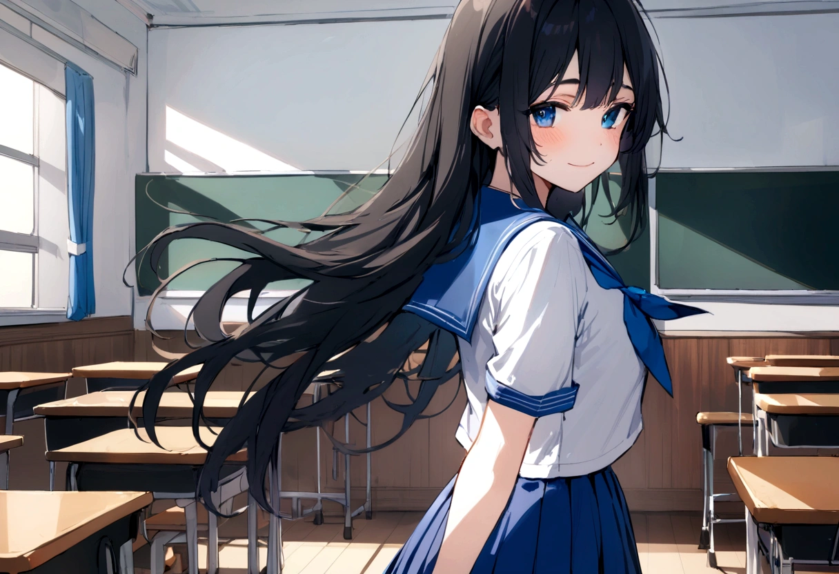 masterpiece, highest quality, High resolution,, One girl, alone, blackい目, long hair, neckerchief, Pleated skirt, black hair, Blue Skirt, blue neckerchief, black_hair, Short sleeve, White shirt, Blue sailor collar, 前hair, Eyebrow, Cowboy Shot, classroom, smile,