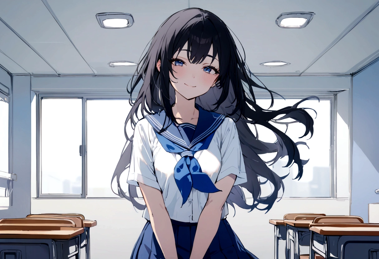 masterpiece, highest quality, High resolution,, One girl, alone, blackい目, long hair, neckerchief, Pleated skirt, black hair, Blue Skirt, blue neckerchief, black_hair, Short sleeve, White shirt, Blue sailor collar, 前hair, Eyebrow, Cowboy Shot, classroom, smile,