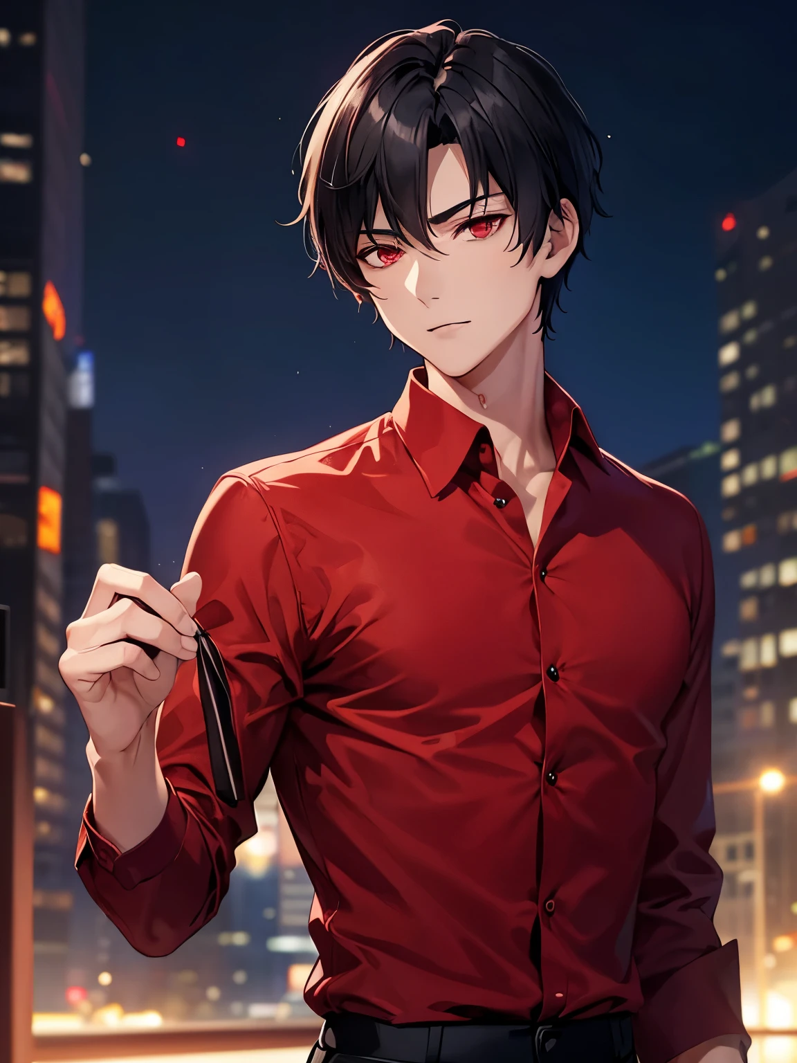 1boy,handsome,Short black hair, red eyes, side parted hairstyle, vampire, handsome,Red shirt, long sleeve shirt, top button open,, standing, night, close up photo,ultra detail, ulta HD