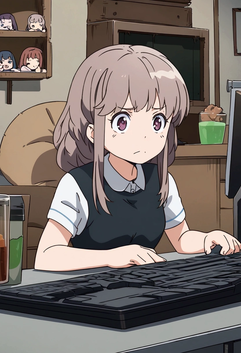 Cartoon girl drinking a beverage while using a keyboard, Sitting at the table,In front of the keyboard, Lovely:2, sitting in front of computer, Anime girl drinking energy drink, technical pain, Bored expression, Sitting in front, Change, Digital Anime Illustration, Interesting illustration, cartoon style illustration, tired expression, Chew on the graphics card, Digital Illustrations -