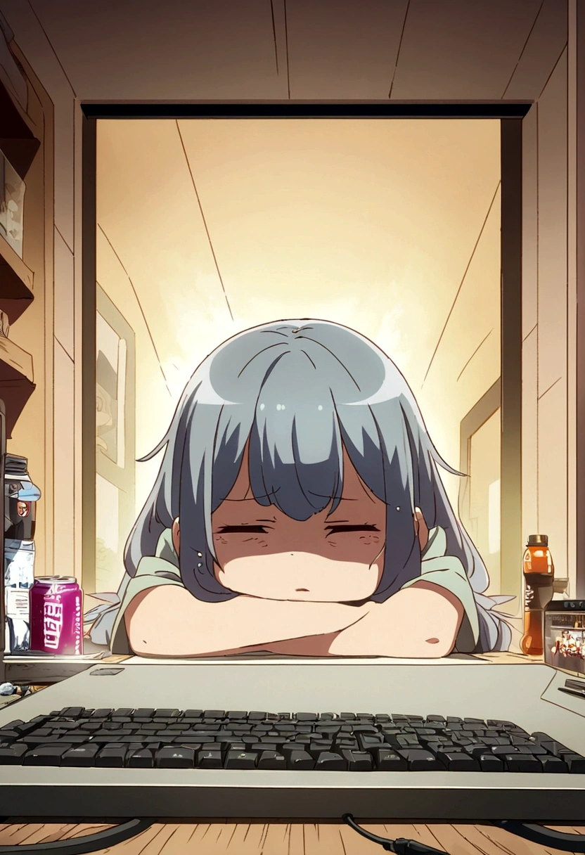 Cartoon girl drinking a beverage while using a keyboard, Sitting at the table,In front of the keyboard, Lovely:2, sitting in front of computer, Anime girl drinking energy drink, technical pain, Bored expression, Sitting in front, Change, Digital Anime Illustration, Interesting illustration, cartoon style illustration, tired expression, Chew on the graphics card, Digital Illustrations -