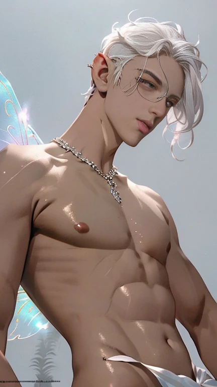 (full body shot), 1boy, dark fantasy, (fairy guy:1.4) covered in shiny pearlescent pollen, glitter shimmers on the skin of the shoulders , (human ears), glitter on collarbones, (long intense white hair flowing:1.2), dark haze, dim twilight light, dream-like, bohemian, mysterious, asthetic, work of art, (full body shot) ,  (natural pose:1.2) , (detailed beautiful skin:1.2) , (beautiful detailed face:1.2) , textured skin, ((best quality)), ((masterpiece)), (detailed),