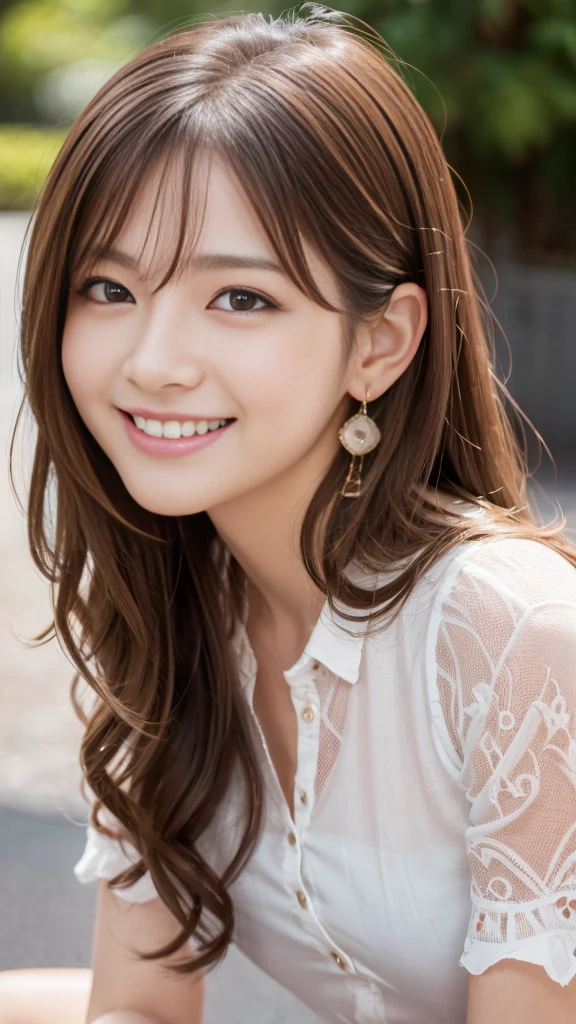 Ultra-high resolution, Superior Quality, highest quality, Very detailed, Realistic, 8k, RAW Photos, highest quality, masterpiece, Attractive girl, Awesome girl, Brown Hair,Wavy Hair、 Shoulder-length layers, Mesh Hair, Japanese Idols, ear piercing、stylish, blouse,smile、Beautiful teeth alignment、Random cute poses
