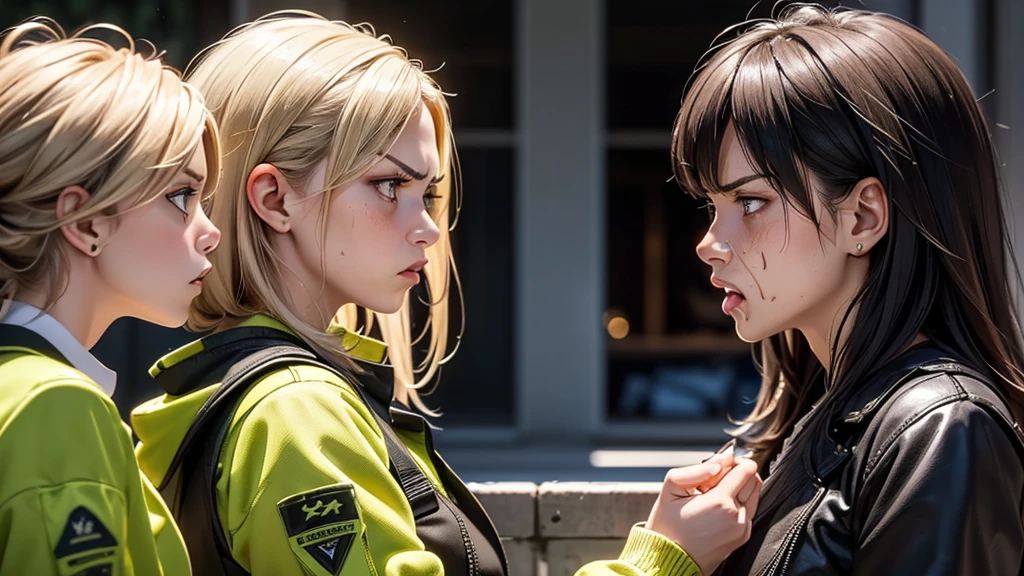 Two Women、each other(Glaring at each other with expressions of disgust:1.9)、With an assault rifle、