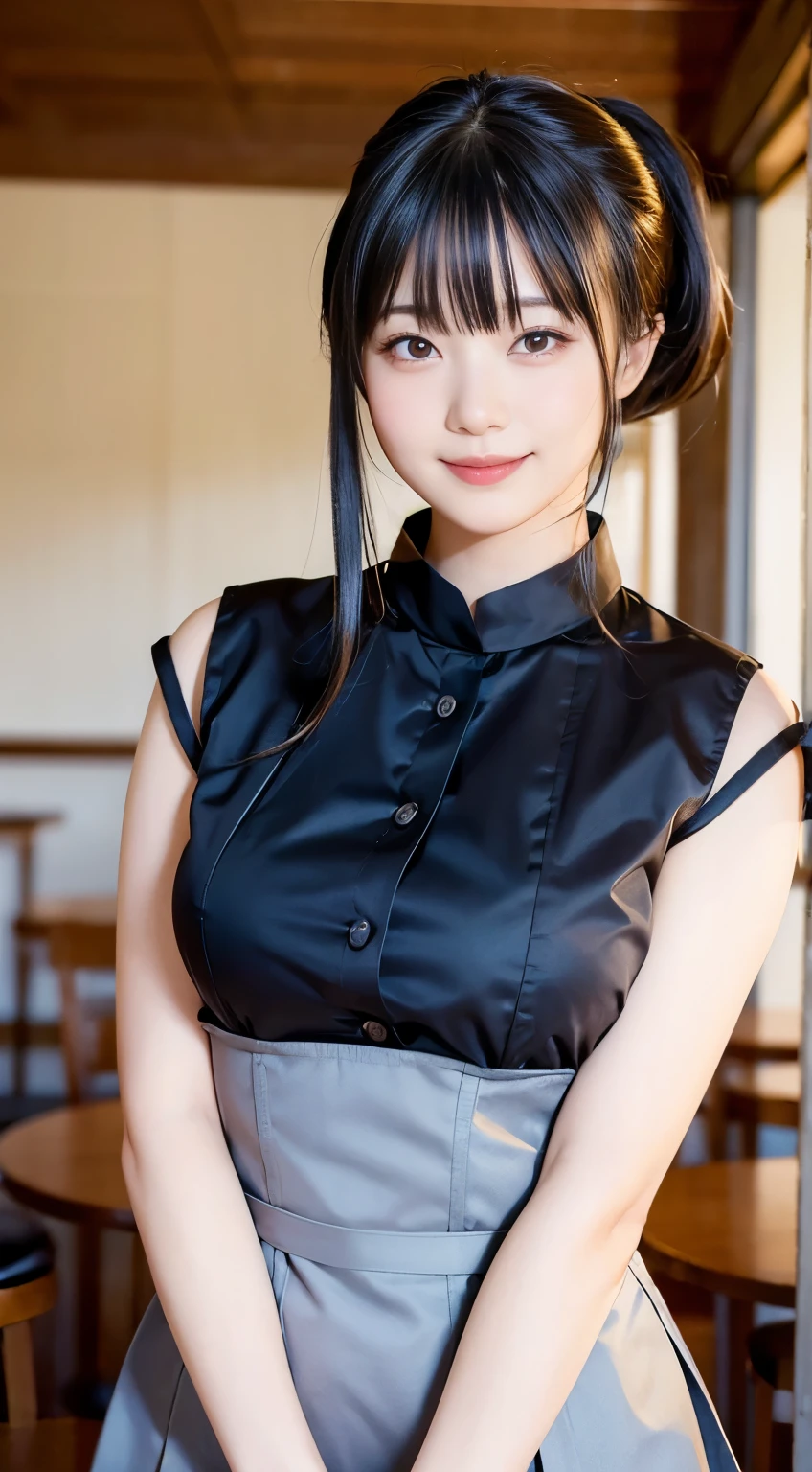 (highest quality,masterpiece:1.3,Ultra-high resolution,),(Very detailed,Caustics),(Realistic:1.4,RAW shooting,)Ultra-Realistic Capture,Very detailed,High resolution 16K human skin closeup。 Natural skin texture、,pores、、、、It must be detailed enough to be easily identifiable。 Skin tone is even and healthy looking。 Use natural light and color,restaurant,Waitress Uniform,1 girl,Japanese,18-year-old,cute,Black-haired,ponytail,Big Breasts,smile,Turn your body forward,(Front view:1.1),Looking into the camera,Cowboy Shot,