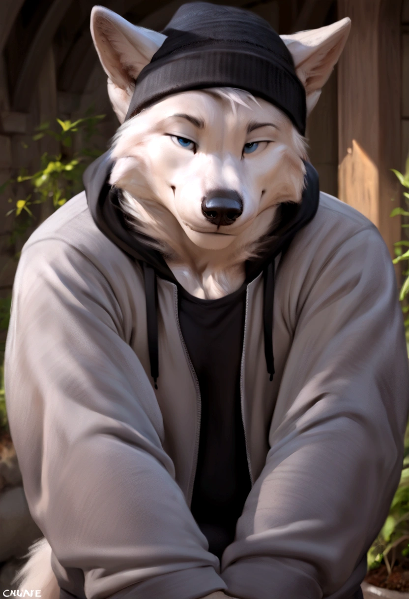 4k, high resolution, best quality, perfect colors, perfect shadows, perfect lighting, posted on e621, furry body, solo, medium full shot, anthro gray wolf, gray and white fur, sleep deprived, irritated eyes, wearing a t shirt with a death metal band logo, wearing a black open zipped down hoodie with the hood down, (anatomically correct wolf tail, detailed fingers, male, (middle-aged, mature:1.2), (skinny, average body), correct anatomy, (photorealistic fur, detailed fur, epic, masterpiece:1.2), (big modern background), (by Taran Fiddler, by Chunie, by Rukis, Bonifasko lighting), (standing), detailed blue eyes, smiling half-heartedly at the viewer, the hoodie is zipped down and showing the t shirt, the hood on the hoodie is down, t shirt is visible, head is fully visible, wearing a black beanie, he is not wearing the hood, the shirt can be seen under the hoodie