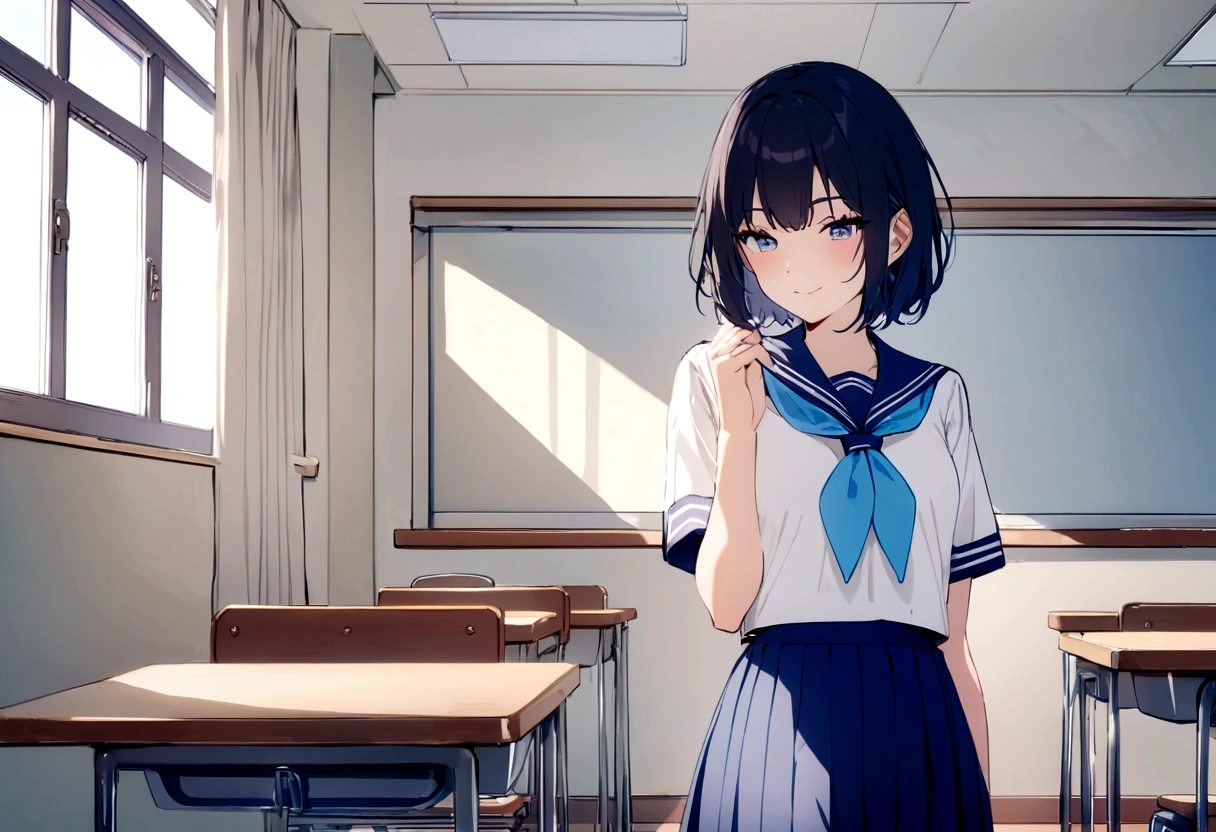 masterpiece, highest quality, High resolution,, One girl, alone, blackい目, short hair, neckerchief, Pleated skirt, black hair, Blue Skirt, blue neckerchief, black_hair, Short sleeve, White shirt, Blue sailor collar, 前hair, Eyebrow, Cowboy Shot, classroom, smile,shikaimakoto,japan