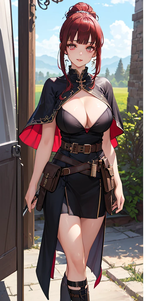 SFW (masterpiece, best quality, 32k) a youthful age girl with shirt red hair ((crimson red hair, dark red hair, bangs, diagonal bangs, straight bangs, blunt bangs, long bangs, bob, ponytail)), ((pink-brown eyes, silver-pink eyes, pink eyes, brown eyes)), ((eyeliner, dark eyeliner, eyeshadow, dark eyeshadow, makeup)), ((beautiful face, sultry face, impish face, delicate features, sexy face)), ((pale skin, smooth skin, perfect skin)), walking, standing, relaxed, forest, trees, grass, outdoors, sky, clouds. ((Cute outfit, stylish outfit, medieval outfit, fantasy outfit, tactical outfit:1.3)), ((white blouse, capelet, harness, framed breasts)), ((miniskirt, tight skirt, taut skirt, bike shorts under skirt)), ((waist belt pouch:1.5; tactical pouch:1.5)), ((huge breasts:1.3, round breasts:1.3, perky breasts:1.3)), ((slim:1.3, lithe:1.3, slender:1.3, thin:1.3, busty:1.2, buxom:1.2)), ((round hips, thin waist, waspish waist)), ((long legs, slender legs)), small smile ((full lips)), serene expression, calm expression, relaxed expression, open eyes, large eyes, expressive eyes, head to waist portrait, cinematics, color oil painting, cinematic lighting, ((extremely detailed face)), ((finely detailed face)), ((Extremely detailed eyes)), ((finely detailed eyes)), ((beautiful face)), ((beautiful eyes)), perfect lighting, depth of field, (realistic proportions), (good anatomy), ((solo:1.6)), ((1girl:1.6))