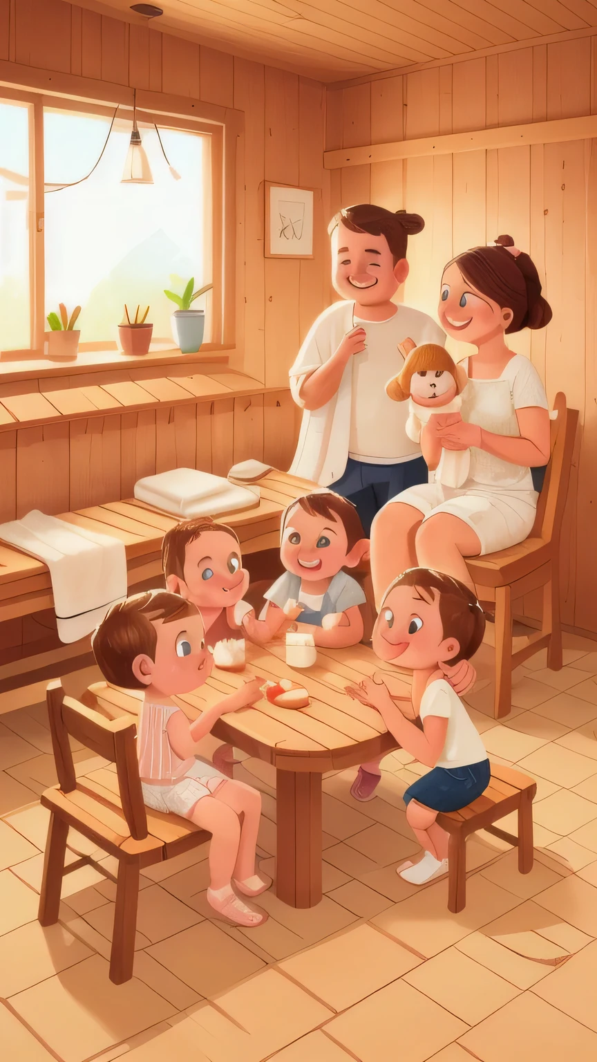 close, Family portrait, mother, father, Sauna in the background,In the sauna,There is a sauna,The only objects are chairs and loyly,Children having fun,Everyone is wearing a towel,Everyone is sitting in a chair,high quality