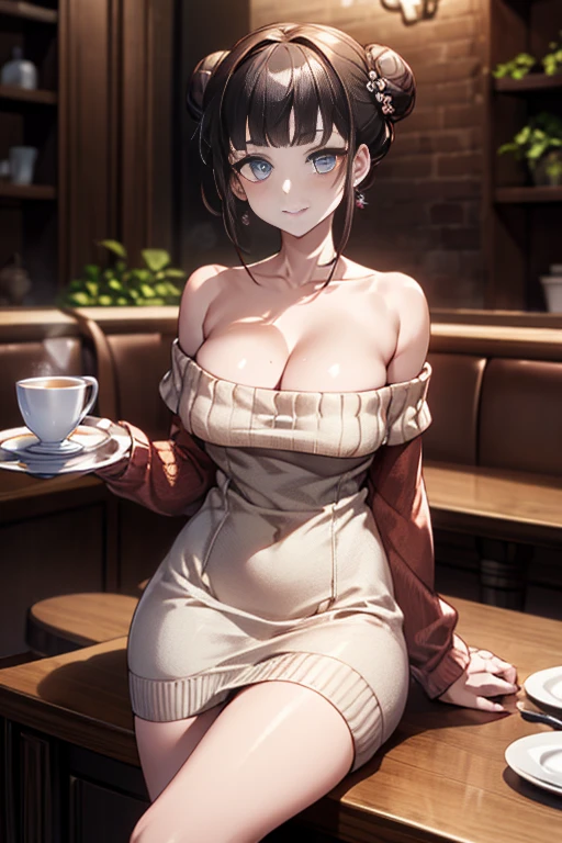 (((Masterpiece))),(((Super Detail))),(((in 8K))),(((best composition))),(((Rim lighting,Fireglow effect,deep shadow))),solo),Beautiful fingers,Detailed finger features,(Detailed hair features:1.7),(Dynamic and  bending pose:1.3),detailed facial features,detailed clothes features, (perky :1.1), (pointed :1.3), delicate beautiful face, Bright blue eyes, cute eyes, sparkling eyes, Big eyes, beautiful detailed eyes,double bun with glittering hair ornament:0.6,(super detailed glossy skin:1.3),slender body,goddess smile,((with sparkling eyes and a contagious smile)),beautiful posture,have a cup of coffee,black hair, red eyes, dress,  shoulders, jewelry, collarbone, sidelocks, hairband, earrings, indoors, off shoulder, sweater, arms behind back, plant, short hair with long locks, white hairband, off-shoulder dress, sweater dress, off-shoulder sweater, red sweater, big side hair, very long side hair,(super delicate floral pattern:1.2), cleavage:1.3,beautiful glossy legs,shiny red high heels,lifting dishes with cakesd,french restaurant,hustle and bustle,rising steam,(((depth of fields))) 
