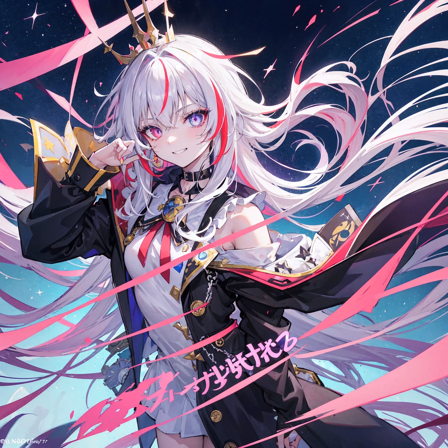 1 girl, Shoulder-Leght hair, streaked hair, multicolored hair, silver hair, red hair, crossed bangs, messy hair, crown, eyepatch, scar across eye, multicolored eyes, mismatched pupils, star-shaped pupils, glowing eyes, sparkling eyes, gradient_eyes, purple eyes, heterochromia, pupils sparkling, crescent earrings, evil smile, grin, crazy, high detail, anime, anime style, sparkle, macro photo, satellite image, overexposure, bokeh, Canon, Nikon, UHD, masterpiece, accurate, anatomically correct, super detail, high details, high quality, best quality, highres, 8k, Black-Trench coat