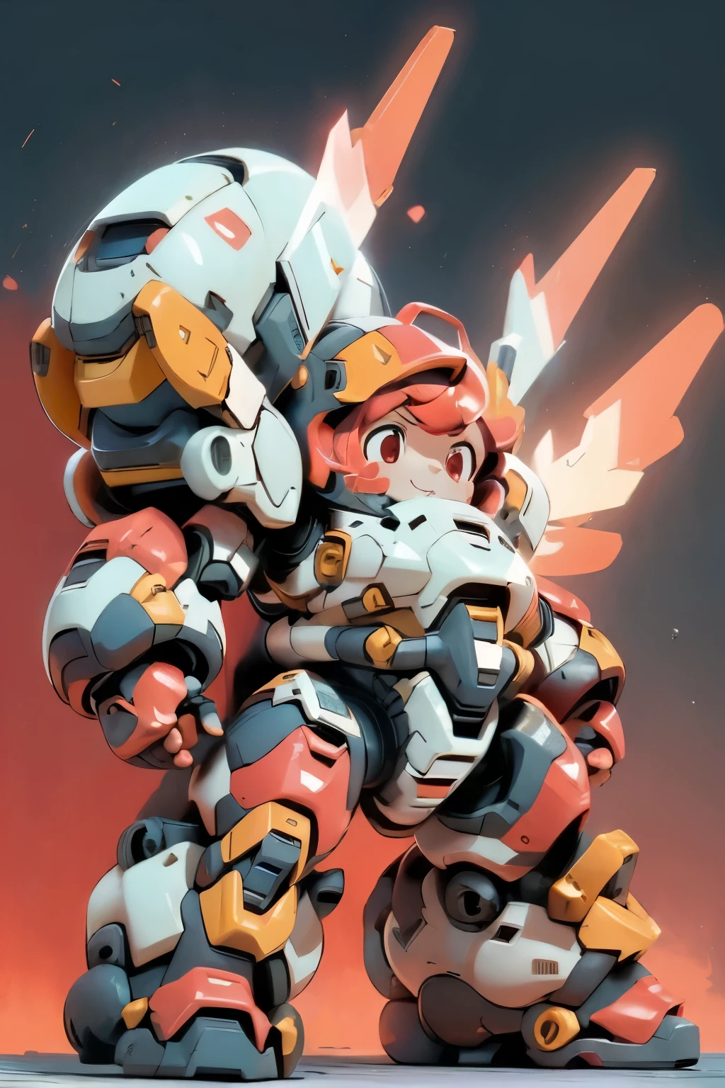 (((1girl floating in the sky, ))), (large cute face), (chibi face), ((sad smile)),((low-angle)), ((low-angle view)), ((mechanical parts)), ((mechanical wings)), ((mecha wings)), full armor, ((mecha musume)), (HRS), (RARS), (full armor:1.5), (mecha armor:1.5), (huger arms:1.5), (battle-ready:1.2), (heavy weapons:1.5), (short legs:1.2), (huger body:2.0), ((red coloring armor:1.5)), (output booster:1.2), Heavy armament, heavy equipment, Mecha, ((from below)), red_eyes , chibi face, short hair, ((headgear)), ((full body in frame)), ((over size helm)), ((flying)), ((floating)), dynamic pose, fighting stance, (blue sky), white clouds, mechanical parts, mecha warrior, headgear, robot joints, full armor, becoming a mecha, ((looking down:2.0)), macro, mechagirl girl, BJ_Cute_Mech BREAK ((masterpiece)), vibrant colors, 8k, best quality, ultra detailed illustration, ((best quality)), ((high resolution)), flawless skin textures, shiny oiled skin, extremely detailed anime eyes , extreme light and shadows
