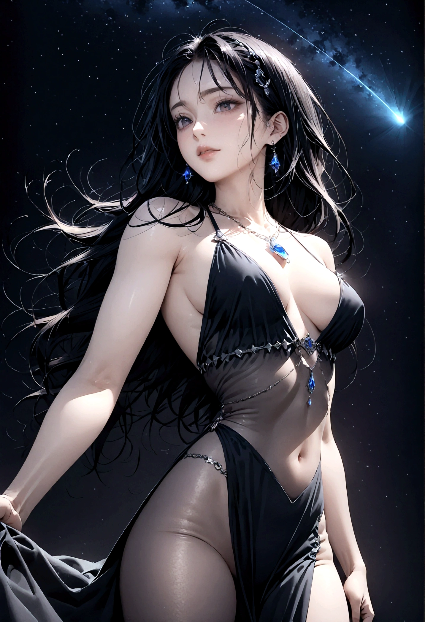 8k, masterpiece, RAW Photos, highest quality, Realistic, Very detailed, Depth of written boundary, Cinematic Light, Anatomically correct body,
An elegant beautiful mature woman, Very beautiful face, Exquisitely detailed face, (A goddess-like face:1.4), Very delicate skin texture, Transparent muscle, Shiny white skin, Glamorous Body,
(Wavy black long hair:1.2), Sexy Breasts, Sexy ass,
(See-through slit long dress:1.4), (Detailed cloth texture:1.2), (Body chain accessory with detailed jewel studded embellishments:1.3), (Gorgeous necklace:1.1), (Gorgeous earrings:1.1),
(Dark starry background:1.4), (Milky Way:1.1), (milky way:1.1), (shooting star:1.1), (Dark coastline at night:1.4), (Pitch black sea surface:1.4),
(Low angle shot:1.8),