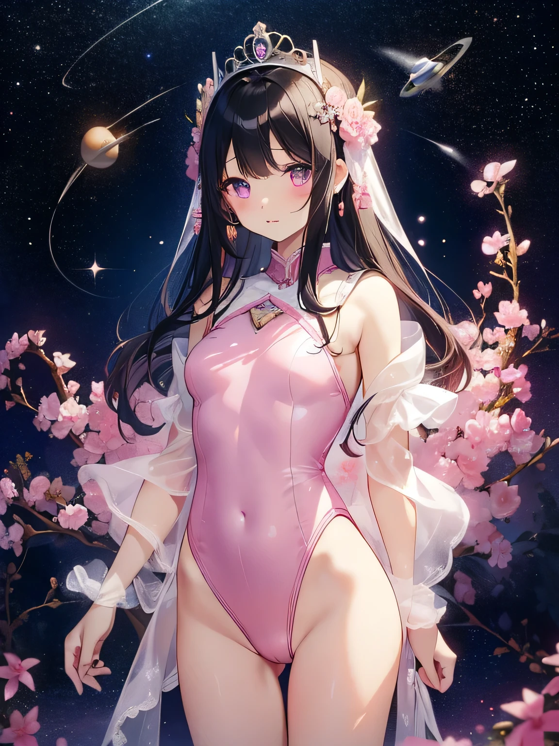 highest quality、Very delicate and beautiful、Very delicate and beautiful、(Beautiful eyes)、Pink Eyes、I、I、、 、Japanese、、Chiquita、(armor)、(Black Hair)、((Pink leotard))、(High leg)、Tiara on head、Laughter、standing、Look forward、((The background is outer space))