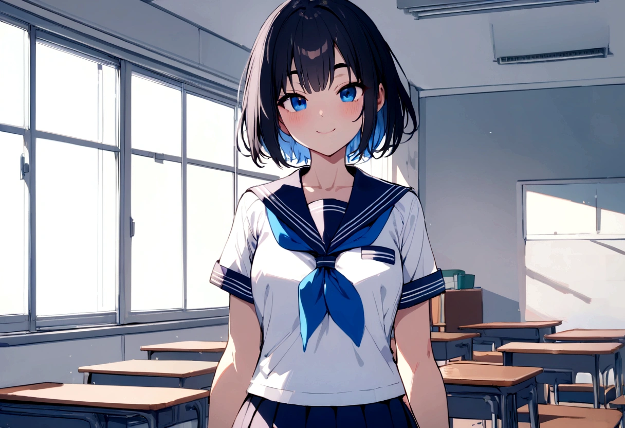 masterpiece, highest quality, High resolution,, One girl, alone, blackい目, short hair, neckerchief, Pleated skirt, black hair, Blue Skirt, blue neckerchief, black_hair, Short sleeve, White shirt, Blue sailor collar, 前hair, Eyebrow, Cowboy Shot, classroom, smile,shikaimakoto,japan