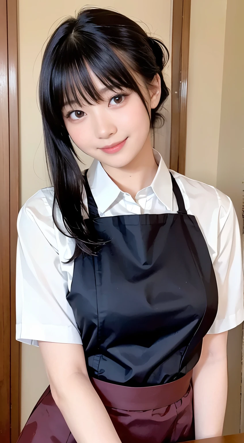 (highest quality,masterpiece:1.3,Ultra-high resolution,),(Very detailed,Caustics),(Realistic:1.4,RAW shooting,)Ultra-Realistic Capture,Very detailed,High resolution 16K human skin closeup。 Natural skin texture、,pores、、、、It must be detailed enough to be easily identifiable。 Skin tone is even and healthy looking。 Use natural light and color,restaurant,Waitress Uniform,1 girl,Japanese,18-year-old,cute,Black-haired,ponytail,Big Breasts,smile,Turn your body forward,(Front view:1.1),Looking into the camera,Cowboy Shot,