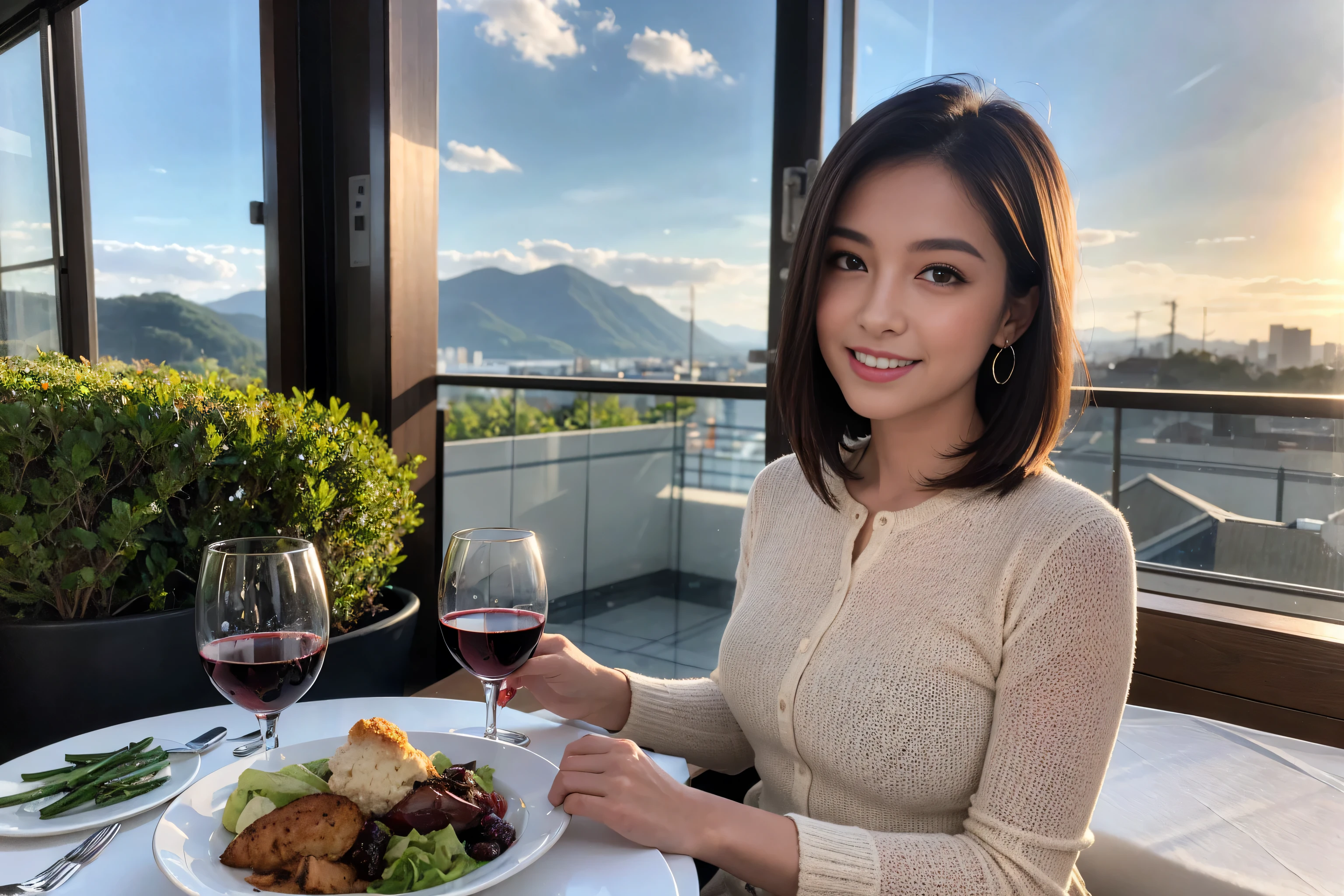 ((highest quality、8k、masterpiece:1.3))、Sharp focus:1.2、Beautiful woman perfect body:1.4、Slim body、((Bob Hale、Straight hair:1.2))、(to be born, highest quality, masterpiece:1.5), (Realistic, Intricate details:1.2), Wine Glass on the Table、Shine light on your face、 Amazing view of the sunset sky and clouds、Amazing mountain views、A bright smile、A lovely woman with a smile、Bright image、2. The beauty of wine, Beautiful Face, blue eyes, The light shines on your face, Blushing, short hair,Bright Face、Fox face、 (43 years old), 39 years old, Lady、red wine 、Appetizers、Italian food、Wine bottle、Champagne、sparkling wine、Two beauties、Brown Hair、Shortcuts、Long sleeve shirt、dress、Pretty Woman 1, (Slim face), (The body is slim), (Brown Hair), (Shortcuts), cheeks turn a little red,Attractive beauty、, Out of the window, A beautiful and detailed night view unfolds.........., restaurant, In a prominent place (From the waist up) Nova Frog Style, actress, model, Upper Body, White wine, slim, wine glass, Wine glass placed in the center, smile, (smile: 1.15), Beautiful fine grain, Depth f/2,saturation, High Contrast, Strong light and shadow,Moist Body:1.5、3D texture、Delicate eyes、Brown Hair、The hair is very shiny、