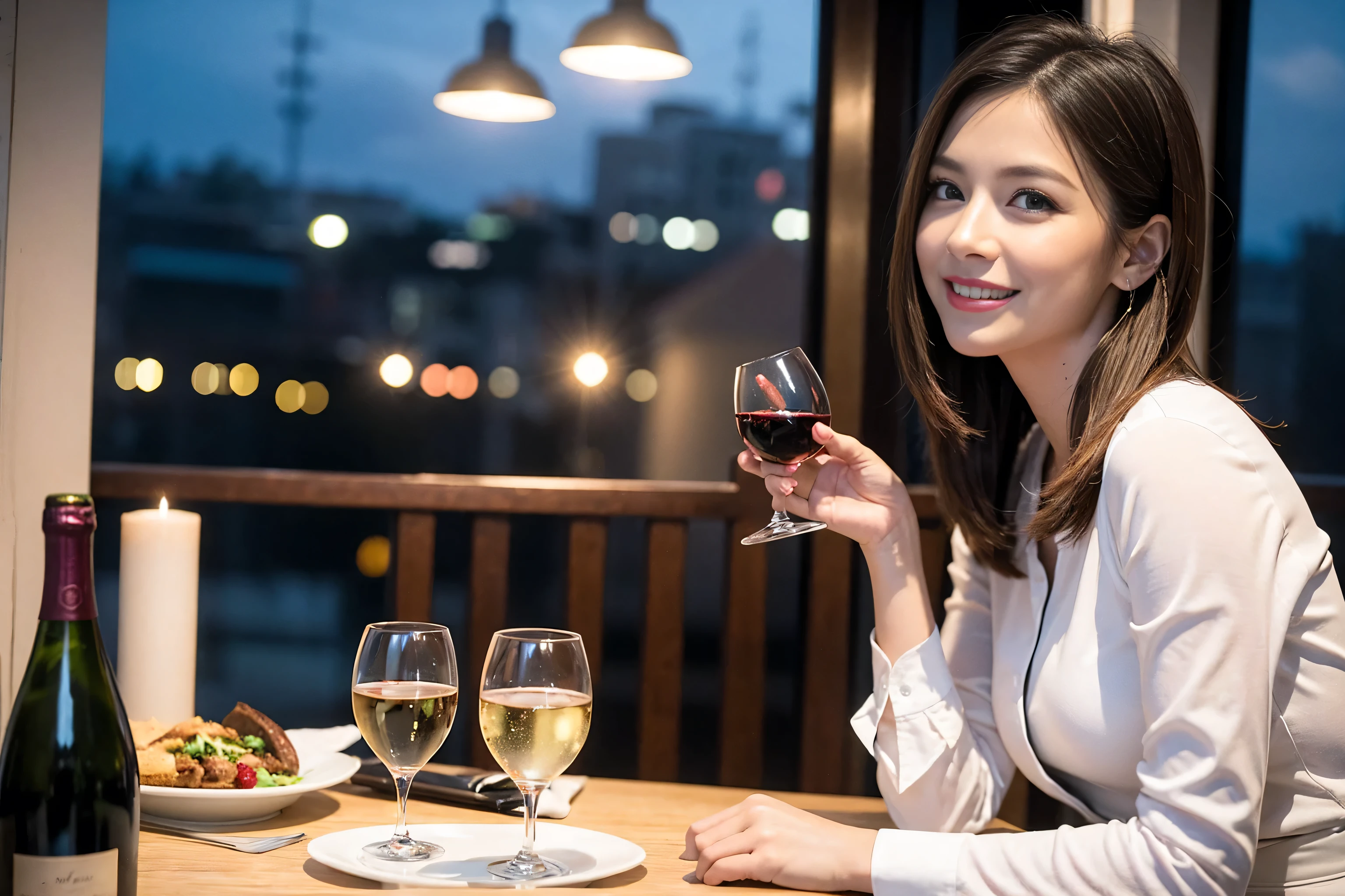 ((highest quality、8k、masterpiece:1.3))、Sharp focus:1.2、Beautiful woman perfect body:1.4、Slim body、((Bob Hale、Straight hair:1.2))、(to be born, highest quality, masterpiece:1.5), (Realistic, Intricate details:1.2), Wine Glass on the Table、Shine light on your face、 Amazing view of the sunset sky and clouds、Amazing mountain views、A bright smile、A lovely woman with a smile、Bright image、2. The beauty of wine, Beautiful Face, blue eyes, The light shines on your face, Blushing, short hair,Bright Face、Fox face、 (43 years old), 39 years old, Lady、red wine 、Appetizers、Italian food、Wine bottle、Champagne、sparkling wine、Two beauties、Brown Hair、Shortcuts、Long sleeve shirt、dress、Pretty Woman 1, (Slim face), (The body is slim), (Brown Hair), (Shortcuts), cheeks turn a little red,Attractive beauty、, Out of the window, A beautiful and detailed night view unfolds.........., restaurant, In a prominent place (From the waist up) Nova Frog Style, actress, model, Upper Body, White wine, slim, wine glass, Wine glass placed in the center, smile, (smile: 1.15), Beautiful fine grain, Depth f/2,saturation, High Contrast, Strong light and shadow,Moist Body:1.5、3D texture、Delicate eyes、Brown Hair、The hair is very shiny、