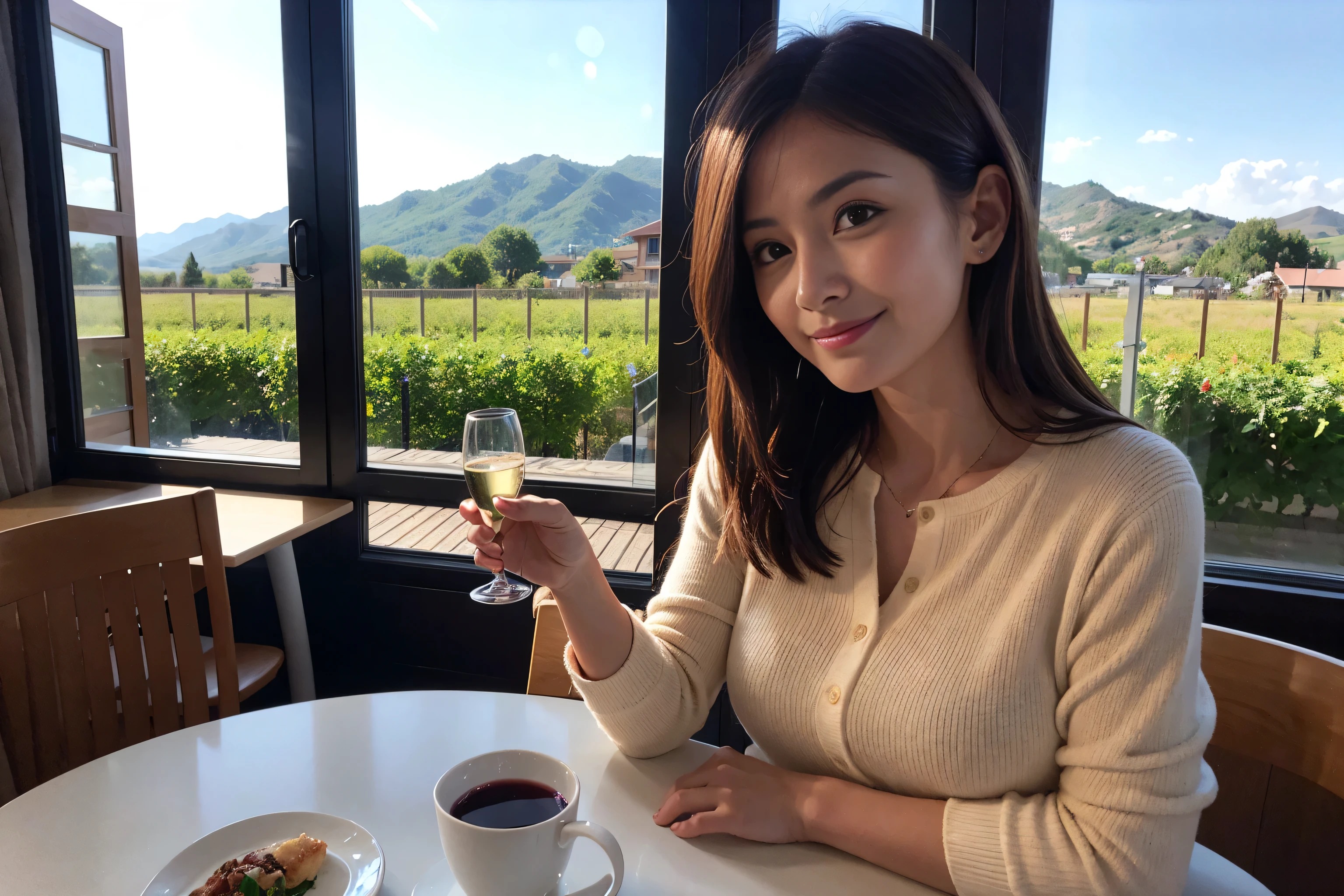 ((highest quality、8k、masterpiece:1.3))、Sharp focus:1.2、Beautiful woman perfect body:1.4、Slim body、((Bob Hale、Straight hair:1.2))、(to be born, highest quality, masterpiece:1.5), (Realistic, Intricate details:1.2), Wine Glass on the Table、Shine light on your face、 Amazing view of the sunset sky and clouds、Amazing mountain views、A bright smile、A lovely woman with a smile、Bright image、2. The beauty of wine, Beautiful Face, blue eyes, The light shines on your face, Blushing, short hair,Bright Face、Fox face、 (43 years old), 39 years old, Lady、red wine 、Appetizers、Italian food、Wine bottle、Champagne、sparkling wine、Two beauties、Brown Hair、Shortcuts、Long sleeve shirt、dress、Pretty Woman 1, (Slim face), (The body is slim), (Brown Hair), (Shortcuts), cheeks turn a little red,Attractive beauty、, Out of the window, A beautiful and detailed night view unfolds.........., restaurant, In a prominent place (From the waist up) Nova Frog Style, actress, model, Upper Body, White wine, slim, wine glass, Wine glass placed in the center, smile, (smile: 1.15), Beautiful fine grain, Depth f/2,saturation, High Contrast, Strong light and shadow,Moist Body:1.5、3D texture、Delicate eyes、Brown Hair、The hair is very shiny、