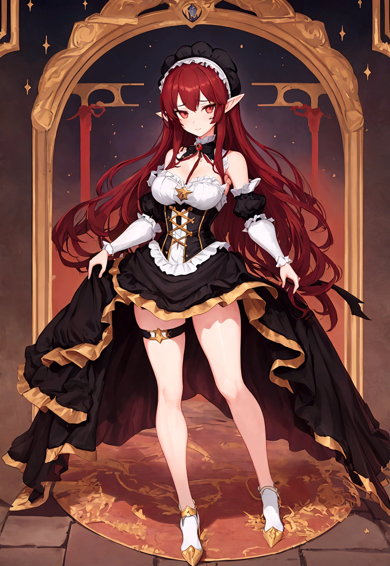 1girl, ((masterpiece,best quality)), Cute, solo, Star Dress, ((a unique renaissance era outfit with Victorian styling, no sleeves, armor)), ((Full body)), (tight waist, medium breasts, thighs)), Sexy, excited, Hentai art, big breasts, fantasy, 8k, hd wallpaper, high quality, intricate, elegant, highly detailed, clear focus, illustration, poster, postcard, ((right anatomy)), Dark red hair, Celestial being, elf, royalty, ruler, queen, galaxy, character, standing, both feet on ground, arms extended by side, Palms face forward, warrior, UwU, (transparent background), high contrast, gothic, model stance, no pose, facing straight forward, looking forward, (no pose), ((Mio Naruse the testament of sister new devil body type, inspired by)), 21 year old, ((chained soldier outfit, no hat, hot)), ((Vtuber model))