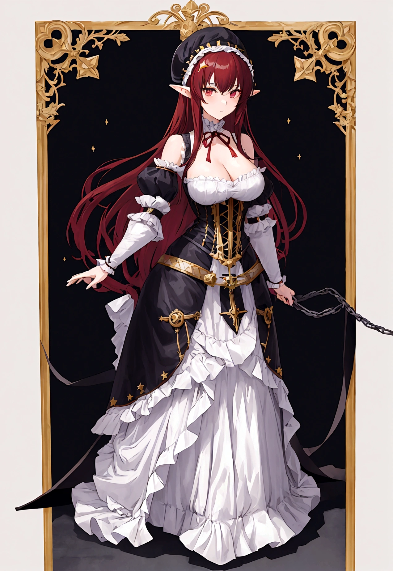 1girl, ((masterpiece,best quality)), Cute, solo, Star Dress, ((a unique renaissance era outfit with Victorian styling, no sleeves, armor)), ((Full body)), (tight waist, medium breasts, thighs)), Sexy, excited, Hentai art, big breasts, fantasy, 8k, hd wallpaper, high quality, intricate, elegant, highly detailed, clear focus, illustration, poster, postcard, ((right anatomy)), Dark red hair, Celestial being, elf, royalty, ruler, queen, galaxy, character, standing, both feet on ground, arms extended by side, Palms face forward, warrior, UwU, (transparent background), high contrast, gothic, model stance, no pose, facing straight forward, looking forward, (no pose), ((Mio Naruse the testament of sister new devil body type, inspired by)), 21 year old, ((chained soldier outfit, no hat, hot)), ((Vtuber model))