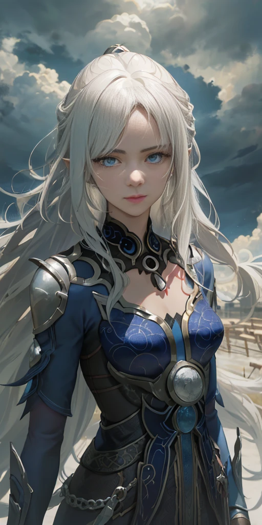 A stunning, highly detailed portrait of a beautiful dark-skinned female character with long pointy ears, white hair in a braid, and striking blue eyes. She wears a long, patterned sundress and stands confidently, facing the viewer with a warm, friendly smile. The scene is set against a dramatic, cinematic background featuring a medieval city floating in the sky, above billowing clouds. Intricate details and dramatic lighting create a vivid, masterful work of art with a western, analog style.