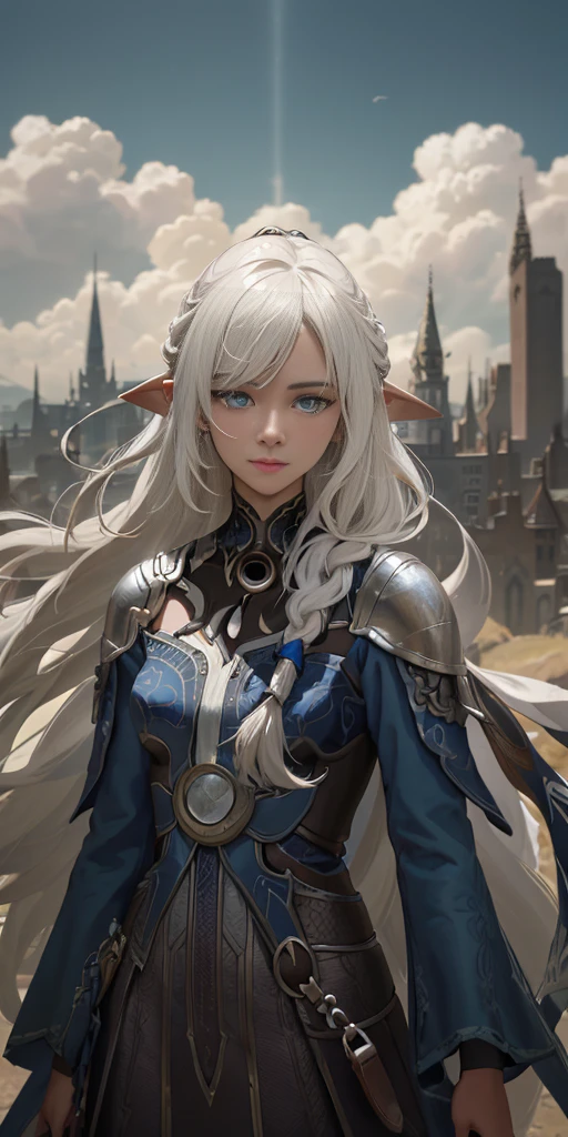 A stunning, highly detailed portrait of a beautiful dark-skinned female character with long pointy ears, white hair in a braid, and striking blue eyes. She wears a long, patterned sundress and stands confidently, facing the viewer with a warm, friendly smile. The scene is set against a dramatic, cinematic background featuring a medieval city floating in the sky, above billowing clouds. Intricate details and dramatic lighting create a vivid, masterful work of art with a western, analog style.