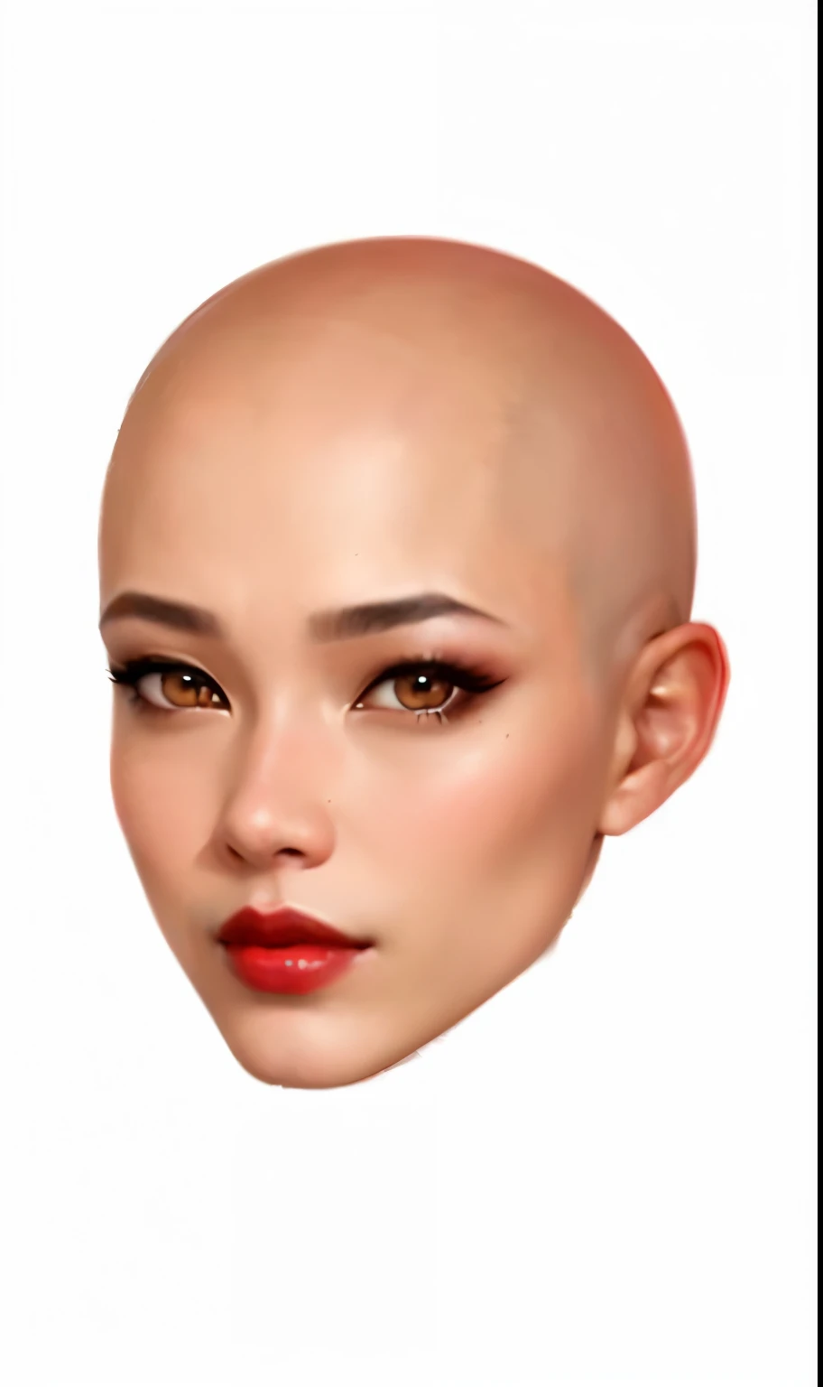 A bald man、Close-up of woman applying red lipstick, Asian nymph bald goddess, Cybernetic machine female face, true skin color, Shaved head, Realistic and beautiful face, wlop shiny skin, Southeast Asians,Round Face, realistic female face, shaved face, Realistic face and body blending, The face of human reality, photoRealistic and beautiful face