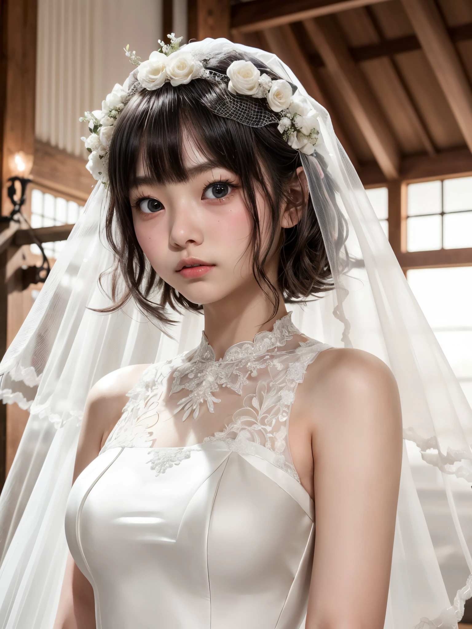 1girl, japanese, (15yo, cute:1.3), straight messy medium hair, (mole:0.8), large breasts, black eyes, (tareme, v-shaped eyes), short eyebrows, wide eyes, bangs, broad nose, puffy cheeks, 
(pure white wedding dress:1.2), wedding veil, high priestess like headpiece, 