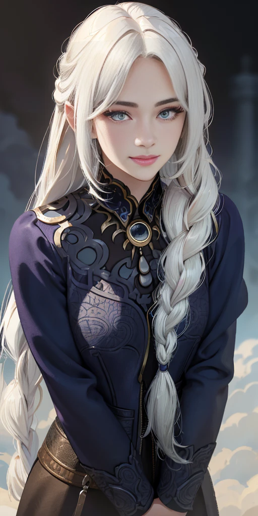 beautiful detailed eyes, beautiful detailed lips, extremely detailed eyes and face, long eyelashes, intricate details, dramatic light, hyper detail, colorful, (best quality, 8k, highres, masterpiece:1.2), ultra-detailed, (realistic:1.37), analog style, (fibonacci), (detailed background, upper body, cowboy shot, smiling, standing, looking at viewer, facing viewer, city in the sky, above the clouds, stone, sunny, medieval, angular lines), (beautiful detailed face, feminine features), (best illumination), ((cinematic light)), (western style:0.5), 1girl, woman named Lynaru, dark-skinned female, blackskin, long pointy ears, white hair, long hair, blue eyes, braid, long dress, sundress, runes, patterned clothing