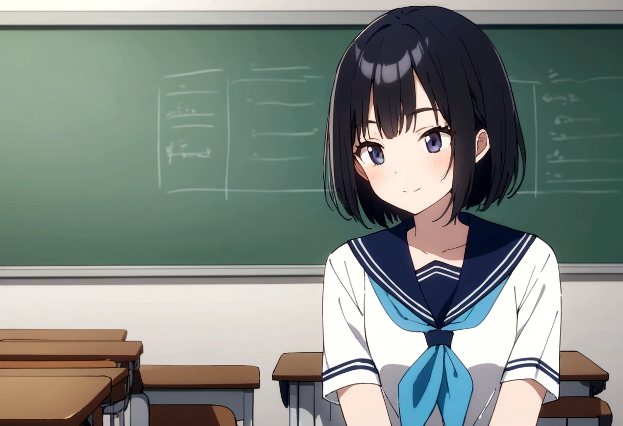 masterpiece, highest quality, High resolution,, One girl, alone, blackい目, short hair, neckerchief, Pleated skirt, black hair, Blue Skirt, blue neckerchief, black_hair, Short sleeve, White shirt, Blue sailor collar, 前hair, Eyebrow, Cowboy Shot, classroom, smile,japan,anime