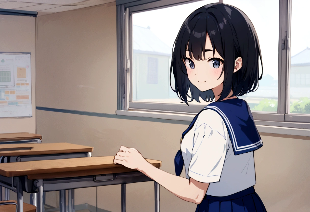 masterpiece, highest quality, High resolution,, One girl, alone, blackい目, short hair, neckerchief, Pleated skirt, black hair, Blue Skirt, blue neckerchief, black_hair, Short sleeve, White shirt, Blue sailor collar, 前hair, Eyebrow, Cowboy Shot, classroom, smile,japan,anime