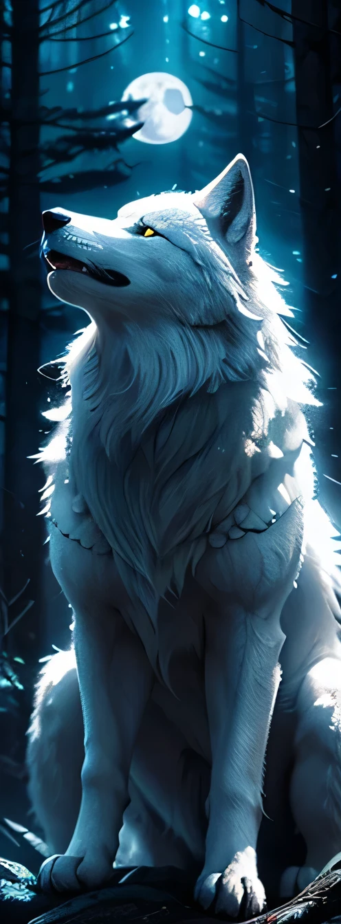 a white wolf, howling at a blue moon, moonlight, forest, detailed fur texture, glowing eyes, dramatic lighting, fantasy, digital art, cinematic, highly detailed, 8k, photorealistic
